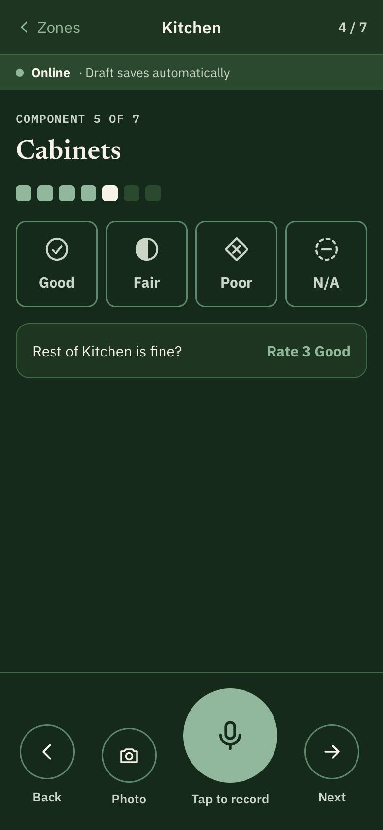 Praxis capture screen: rate a component Good, Fair, Poor or N/A, with Photo and Tap to record buttons